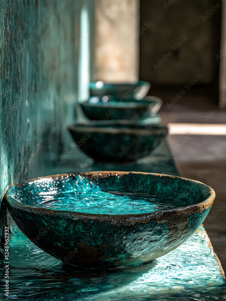 Serenity of turquoise water flowing in clay bowls under soft light in a tranquil setting Serenity of turquoise water flowing in clay bowls under soft light in a tranquil setting