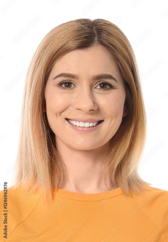 Passport photo. Portrait of woman on white background Passport photo. Portrait of woman on white background