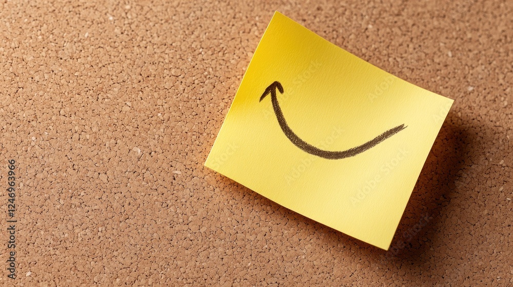 Yellow sticky note with smiling face drawn on corkboard Yellow sticky note with smiling face drawn on corkboard