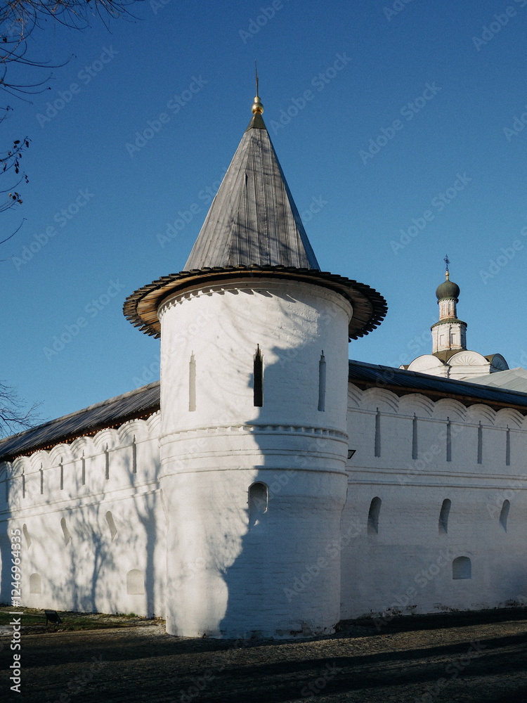 Obraz premium white towers of the walls of the orthodox spaso-andronikov monastery on a sunny day
