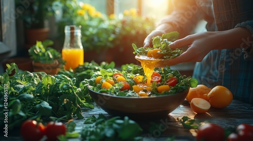 Woman making healthy salad at home, sunlit kitchen photo