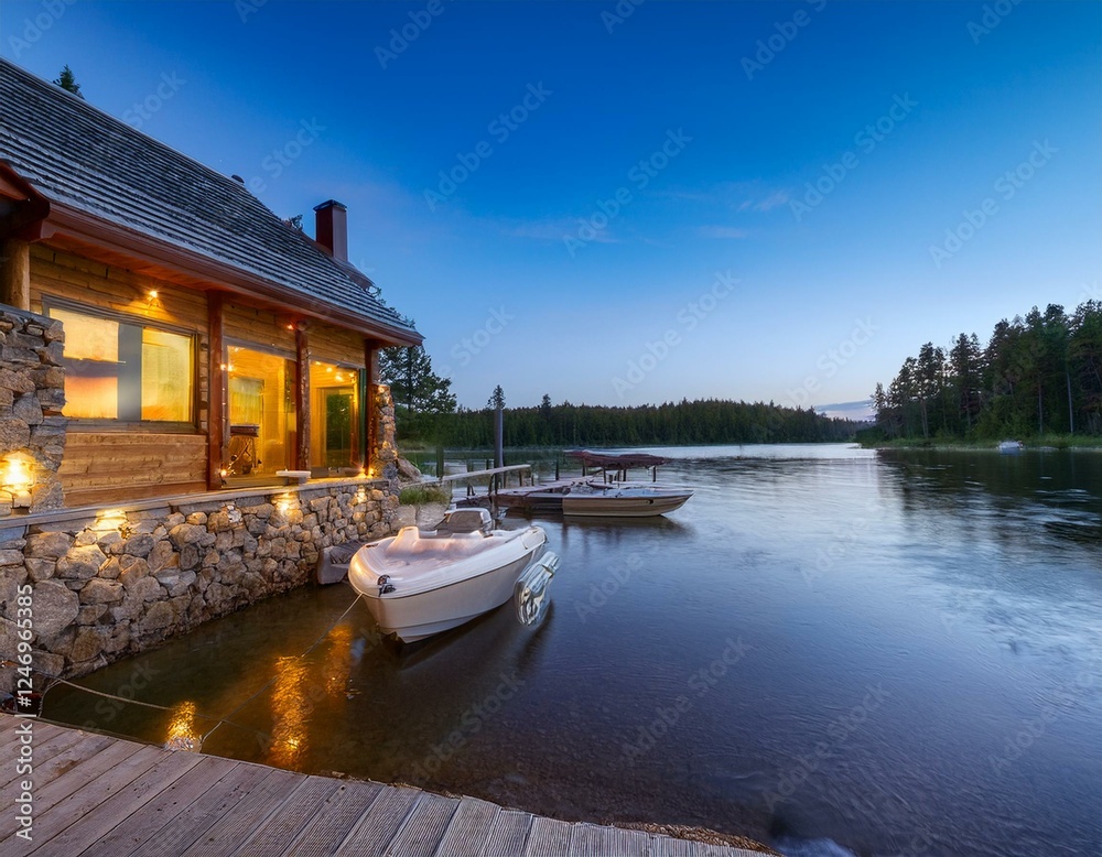 Naklejka premium Cabaña de madera y piedra a orillas del lago en un pintoresco. paisaje rural con flores de hierba verde, hermoso lugar natural