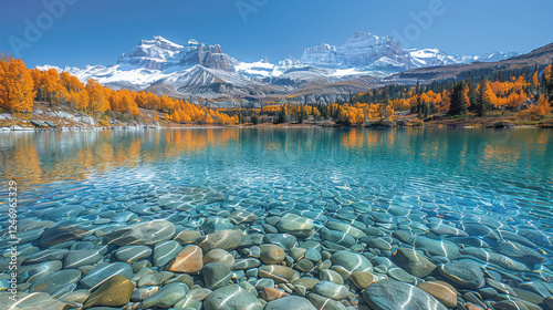 Fototapeta Naklejka Na Ścianę i Meble -  Crystal clear water in serene lake reflects majestic mountains and vibrant autumn trees, creating tranquil landscape