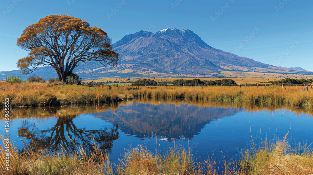 tranquil lake reflects majestic mountain and lone tree under clear blue sky. serene landscape evokes sense of peace and natural beauty tranquil lake reflects majestic mountain and lone tree under clear blue sky. serene landscape evokes sense of peace and natural beauty