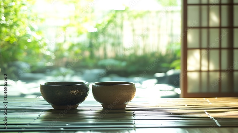 Traditional Japanese Tea Ceremony Setting with Tatami Mat : Generative AI Traditional Japanese Tea Ceremony Setting with Tatami Mat : Generative AI