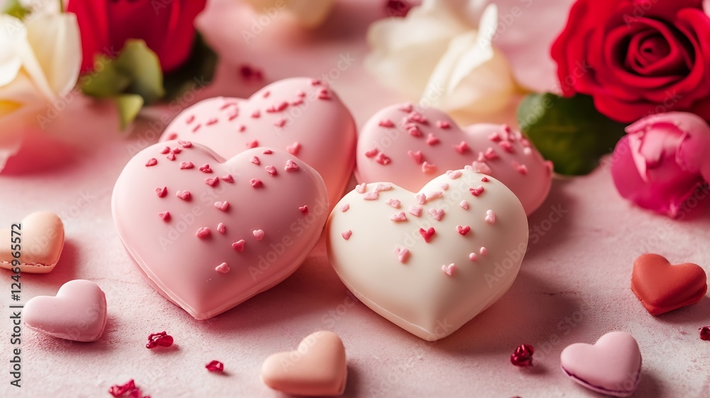 Heart Shaped Pink and White Sweets Surrounded by Red and White Roses on Table : Generative AI Heart Shaped Pink and White Sweets Surrounded by Red and White Roses on Table : Generative AI