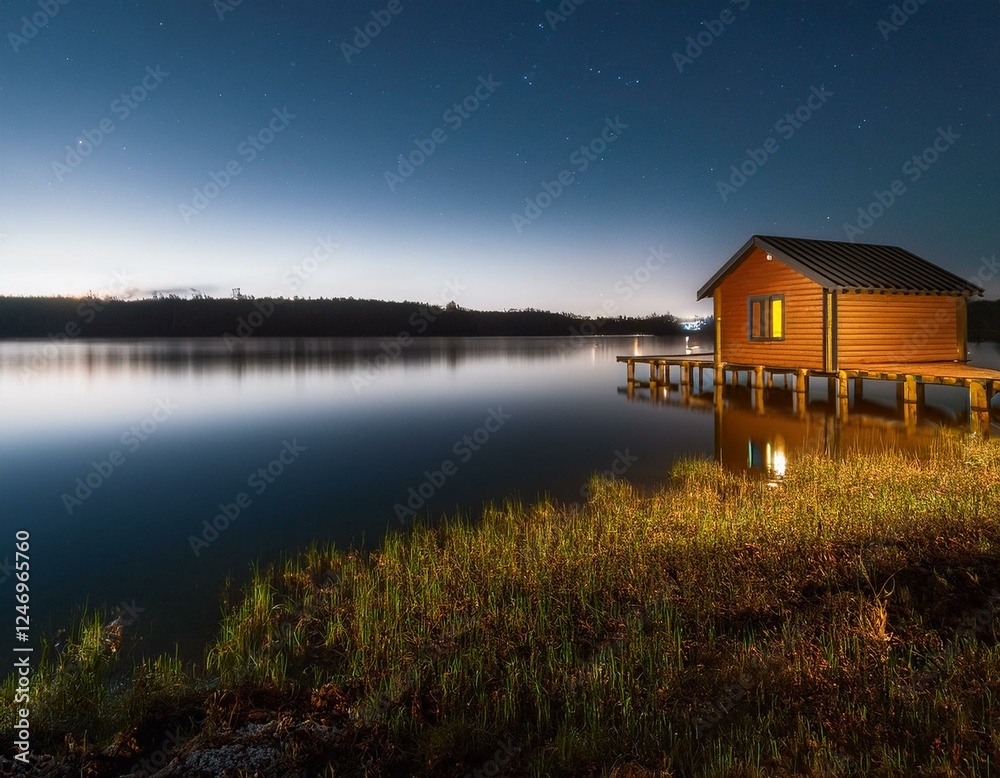 Fototapeta premium Cabaña de madera y piedra a orillas del lago en un pintoresco. paisaje rural con flores de hierba verde, hermoso lugar natural