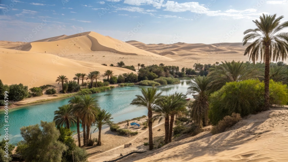 A tranquil desert landscape with sweeping sand dunes under a brilliant blue sky, interrupted by a lush oasis featuring a shimmering pool of water and clusters of palm trees A tranquil desert landscape with sweeping sand dunes under a brilliant blue sky, interrupted by a lush oasis featuring a shimmering pool of water and clusters of palm trees