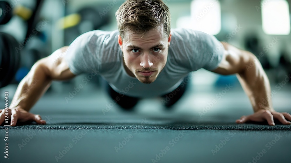 Fototapeta premium Fit Young Man in Intense Push-Up Workout at Modern Gym Facility : Generative AI