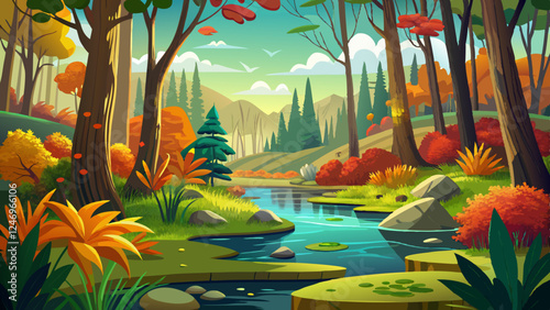 Beautiful autumn forest and green aquatic plants scenery,panoramic view