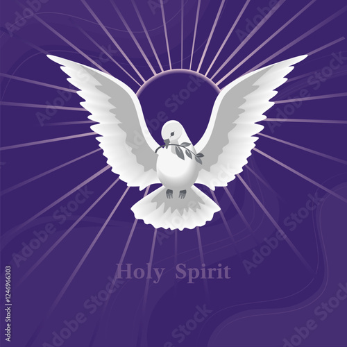 Holy Spirit Dove with olive branch vector poster. Christian holiday Pentecost Trinity Sunday concept. Church sacrament hope belief symbol. Biblical flying spiritual dove religion greeting illustration