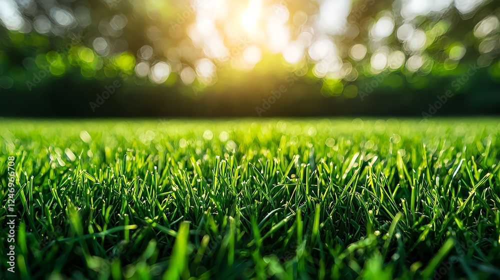 Naklejka premium Lush Green Grass Under Warm Sunlight