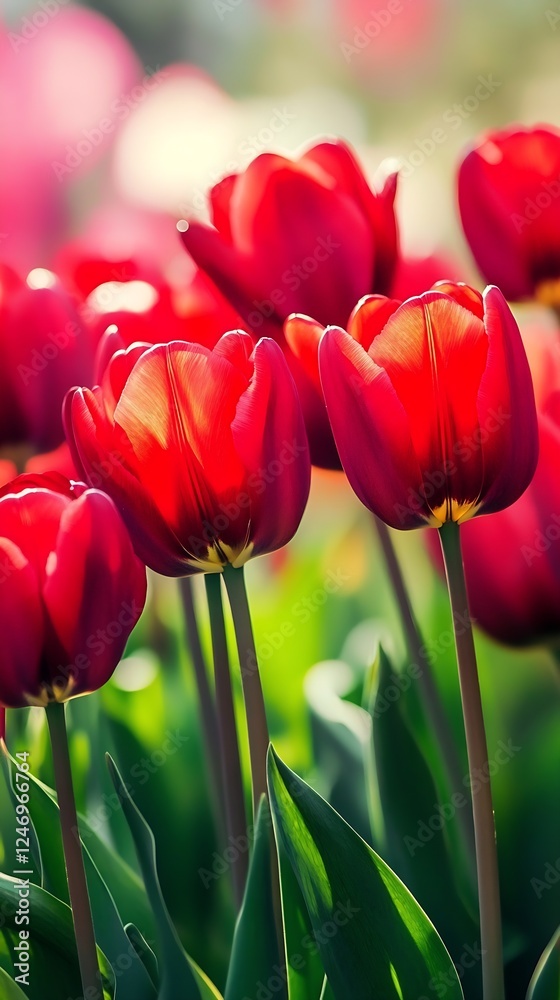 Fototapeta premium Vibrant Red Tulips in Sunlit Garden Capturing Springtime Beauty and Elegance Outdoors : Generative AI