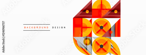 Geometric abstract composition with intersecting shapes, circles, triangles, and gradients, blending vibrant colors and dynamic contrasts to create a modern, futuristic visual design