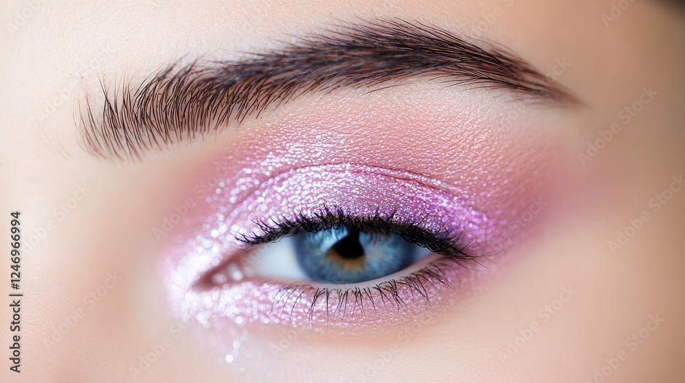Obraz premium Close-up eye makeup, shimmery pink eyeshadow, blue eye, beauty