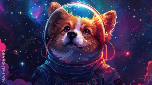 Cartoon dog face with an astronaut suit, galaxy background with stars
