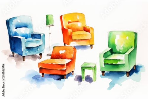 set of colorful icons furniture items on white