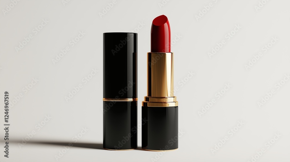 Elegant red lipstick in a sleek black casing on a neutral background Elegant red lipstick in a sleek black casing on a neutral background