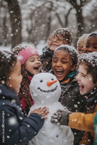 A group of children and adults are gathered in front of a snowman, smiling joyfully as they are covered in falling snow during a playful winter scene