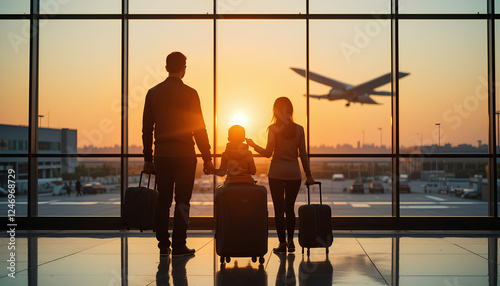 Family (father, son, mother) holding suitcase in the airport still during sunset, background Glass window and airplane taking off.