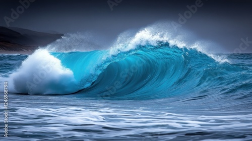 Ocean wave crashing, coastal background, dramatic lighting, nature photography