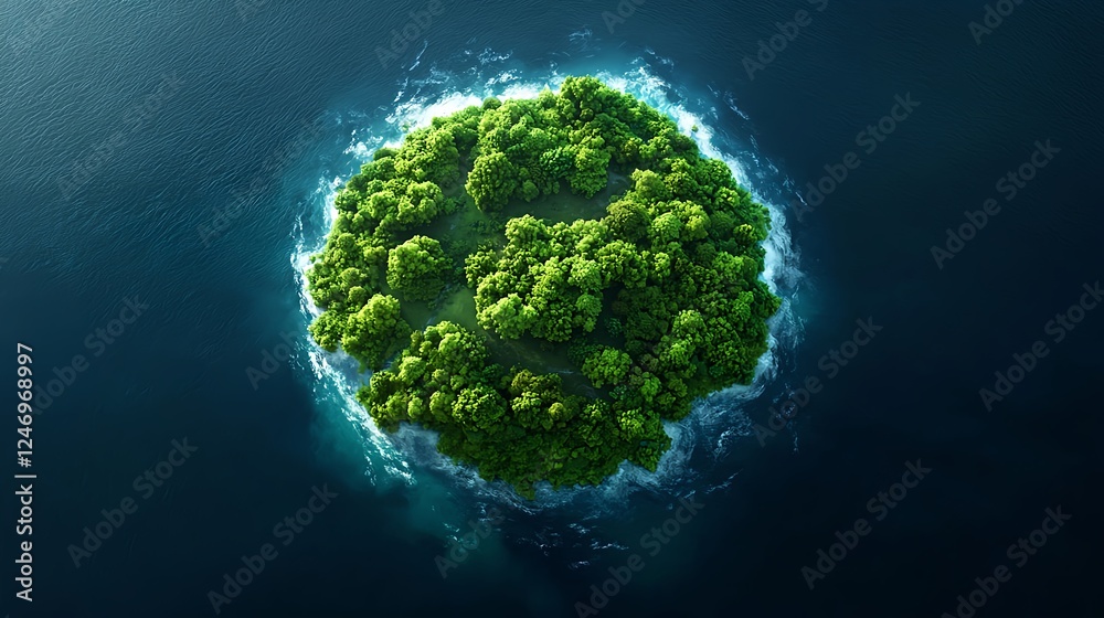 Fototapeta premium Lush Green Island in Dark Blue Ocean Aerial View