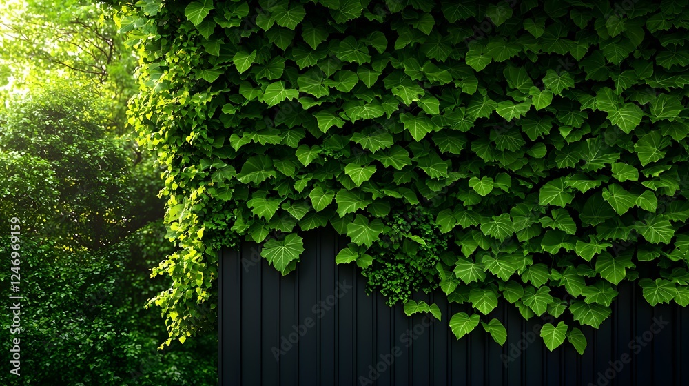 Fototapeta premium Lush Green Ivy Covering Dark Wood Wall