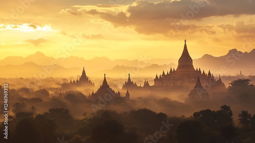Golden sunset over ancient temples in misty Bagan Myanmar evoking a sense of timeless tranquility : Generative AI
