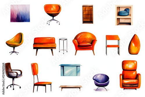 set of colorful icons furniture items on white