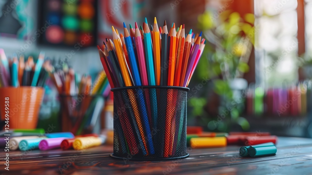 Obraz premium Colorful Pencils in a Black Mesh Holder on a Wooden Table