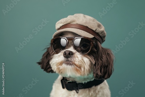 This is a photograph of a small dog wearing sunglasses, dressed in a pilot's cap, and accessorized with aviator goggles on its head