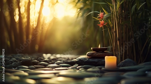 Zen Inspired Candle Setting with Bamboo and Stones in Warm Evening Light : Generative AI photo