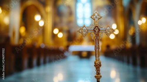 Golden Altar Cross in Historic Church with Warm Ambient Lighting : Generative AI