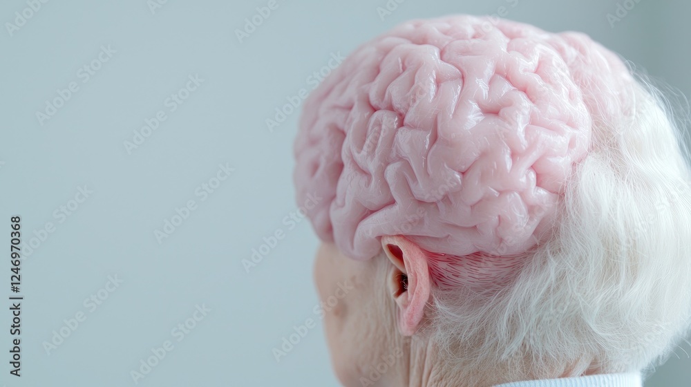 Obraz premium Elderly woman, brain model, medical study, neutral background, healthcare