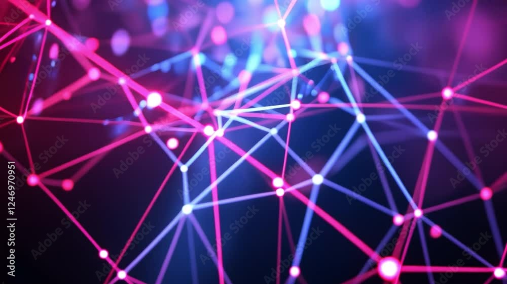 Abstract Network Connection: A mesmerizing visual of interconnectedness, with vibrant pink and blue lines forming a complex network of glowing nodes against a deep black background.