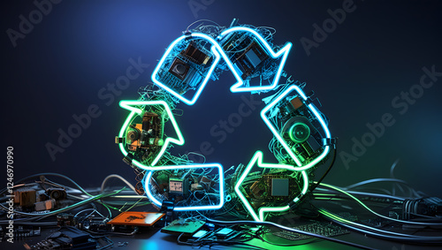 Neon recycling symbol made from electronic components glows on a dark surface in a tech-inspired setting