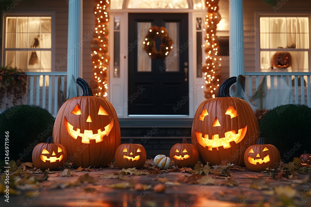 Obraz premium A festive Halloween scene featuring large pumpkins decorated with LED lights