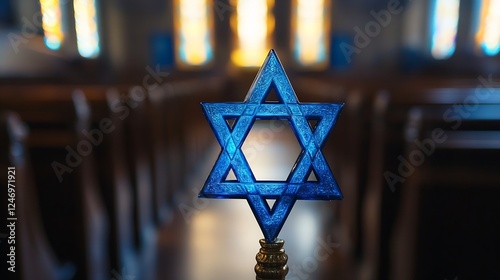 Blue Star of David Standing Prominently in an Empty Synagogue Hall with Beautiful Light : Generative AI photo