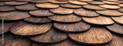 An up-close photograph of a shingled roof made of wood
