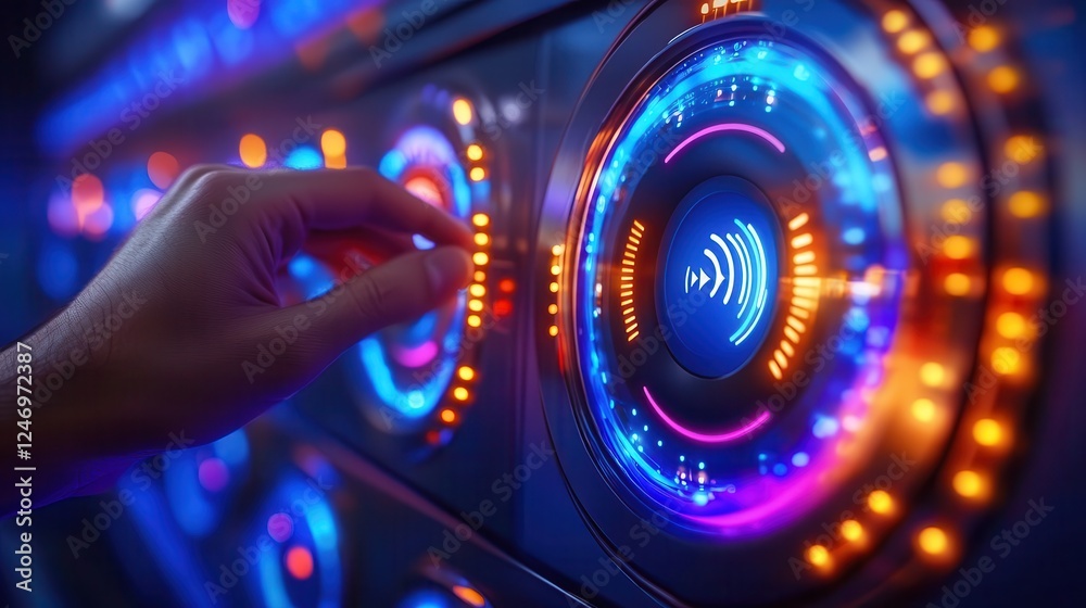 Voice assistants enable seamless interaction with smart devices. Vibrant control panel with colorful lights and sound controls.