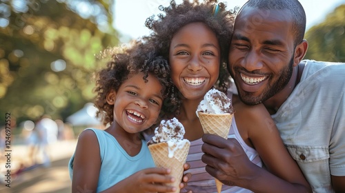 Happy Family Eating Ice Cream Outdoors Summer Fun Kids Dessert Happiness