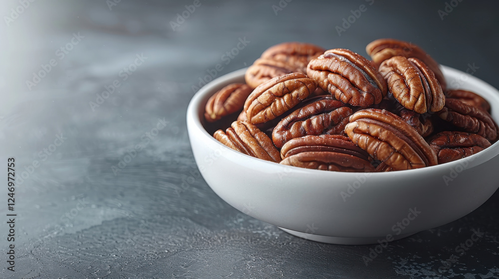 Delicious pecan nuts in white bowl showcasing their rich texture and flavor. Perfect for snacking or baking Delicious pecan nuts in white bowl showcasing their rich texture and flavor. Perfect for snacking or baking