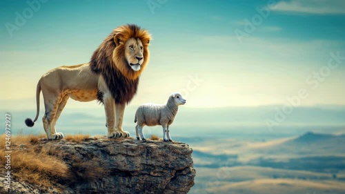 Majestic lion and curious lamb standing together on scenic cliff edge