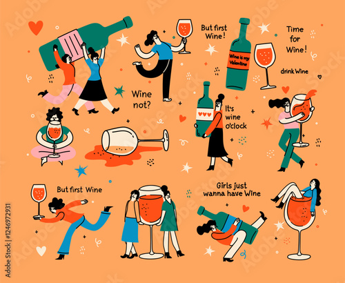 Groovy hand drawn illustration with wine bottle glass and women with funny quotes . Art for greeting cards, wedding invitations, poster design, postcards, branding, logo design, background.