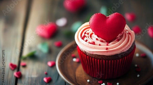 Delicious Cupcake with Heart Shaped Topper Perfect for Romantic Celebrations and Valentines Day : Generative AI photo