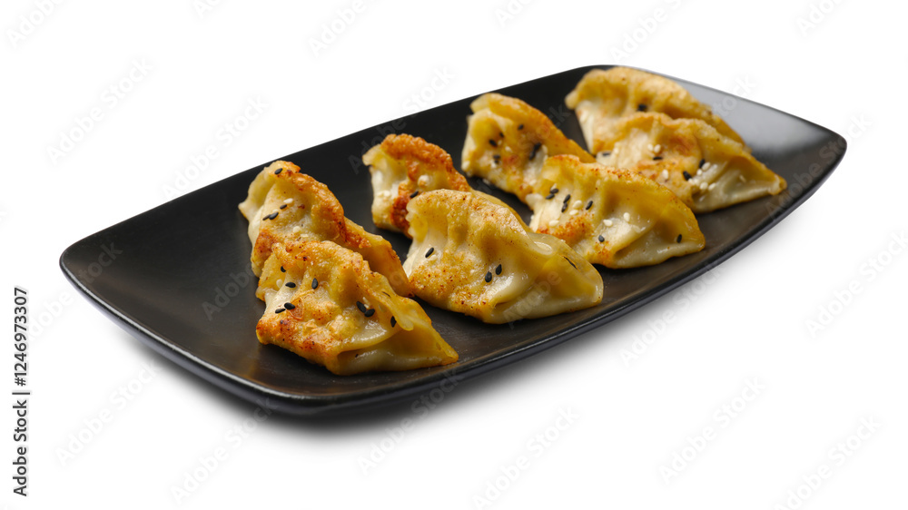 Tasty fried gyoza dumplings isolated on white Tasty fried gyoza dumplings isolated on white