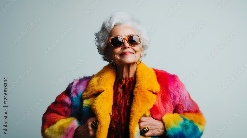 A portrait of a cheerful grandma with sunglasses and a colorful fur jacket against a gray background. Happiness, joyfull concept.
