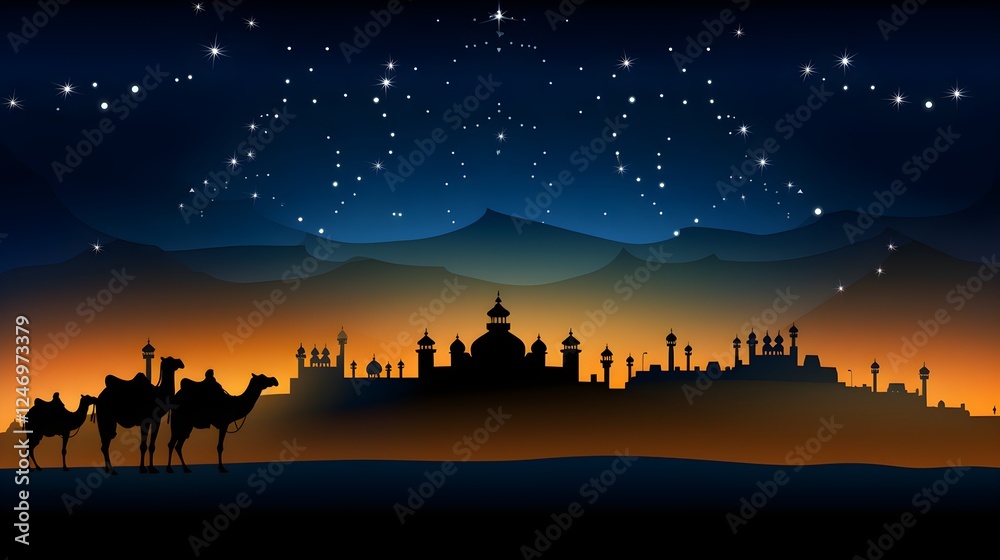 Fototapeta premium Camel Silhouette Against Desert City and Starry Night Sky