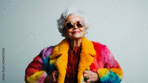 Obraz na płótnie A portrait of a cheerful grandma with sunglasses and a colorful fur jacket against a gray background. Happiness, joyfull concept. w salonie