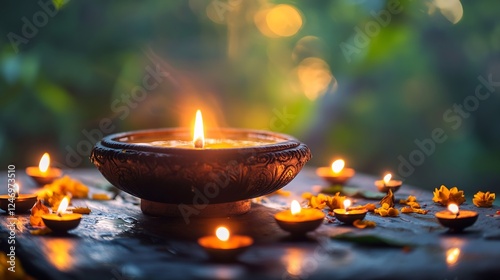 Warmly Lit Terracotta Oil Lamps Creating a Calming Atmosphere Amidst Lush Nature : Generative AI